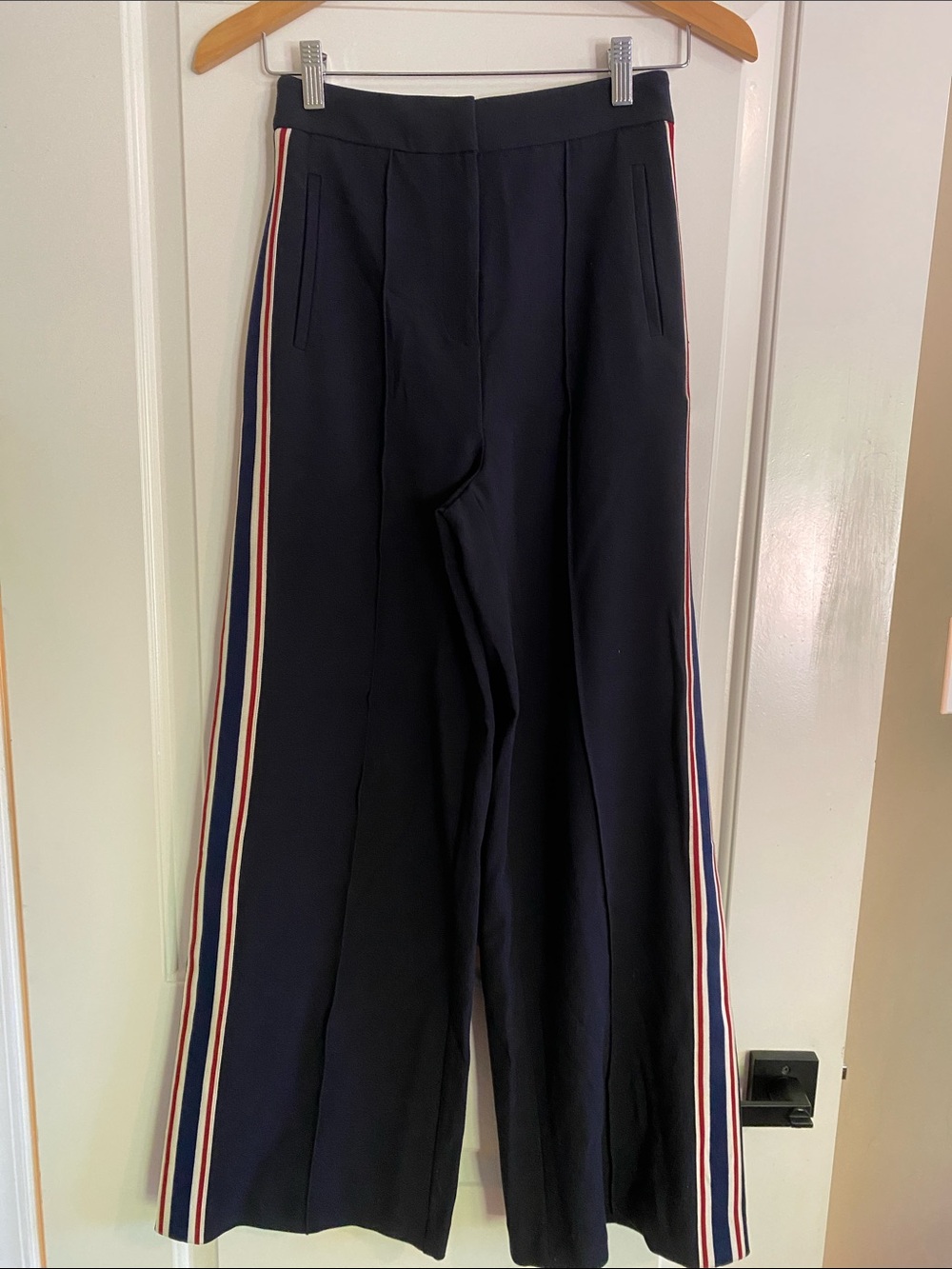 Mint Velvet Navy Wide-Leg Pants with Red & White Side Stripes